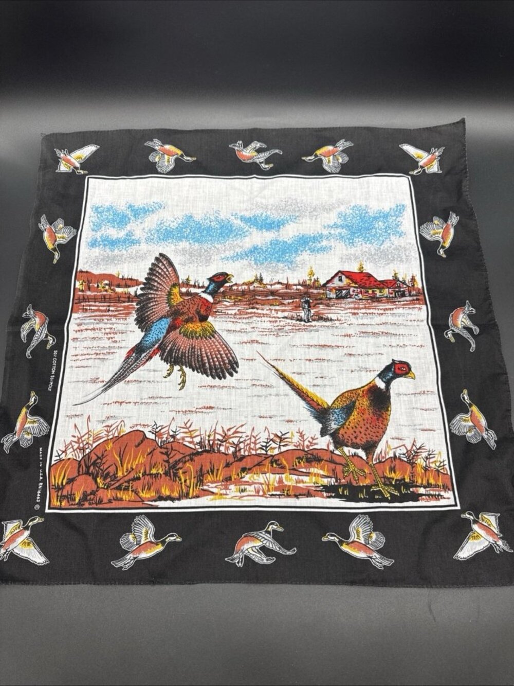 VTG Handkerchief USA Cotton Poly Bandana Scarf Pheasant Wildlife Bird Hunting